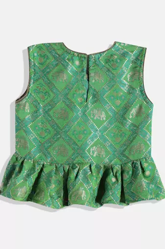 Self Design Peplum Top With Printed Dhoti Pants- Green & Pink