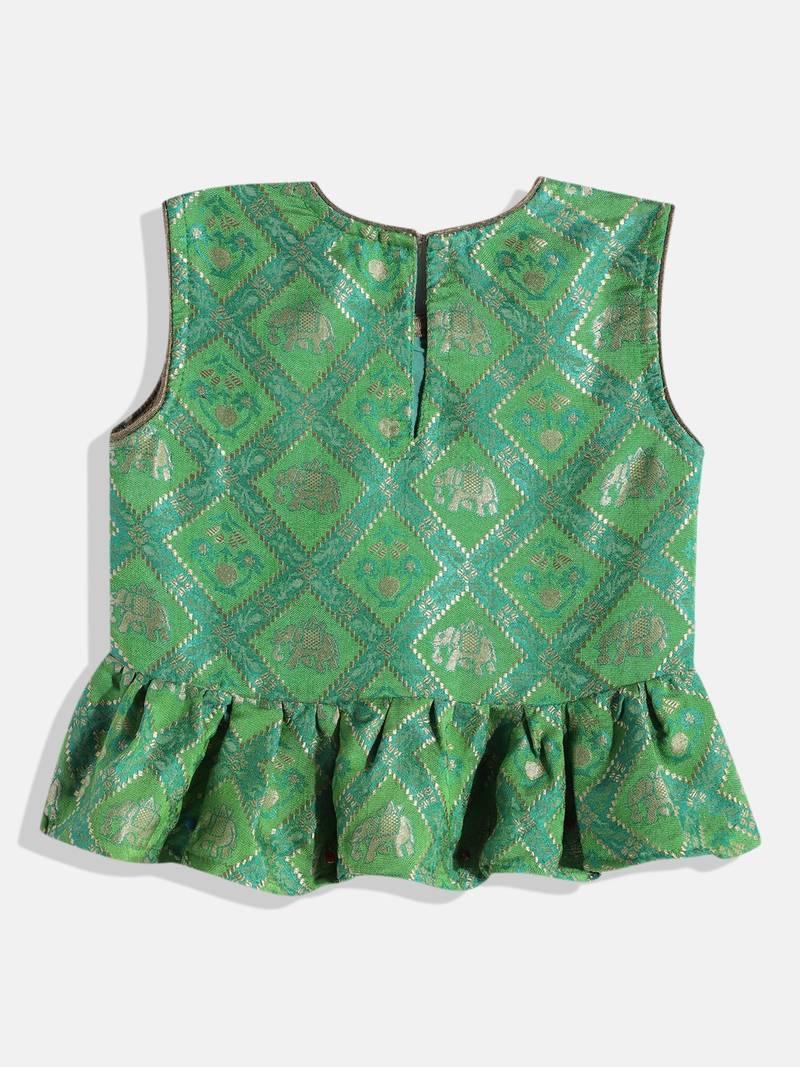 Self Design Peplum Top With Printed Dhoti Pants- Green & Pink