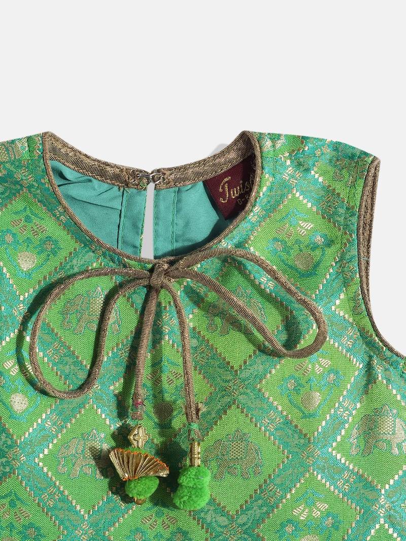 Self Design Peplum Top With Printed Dhoti Pants- Green & Pink