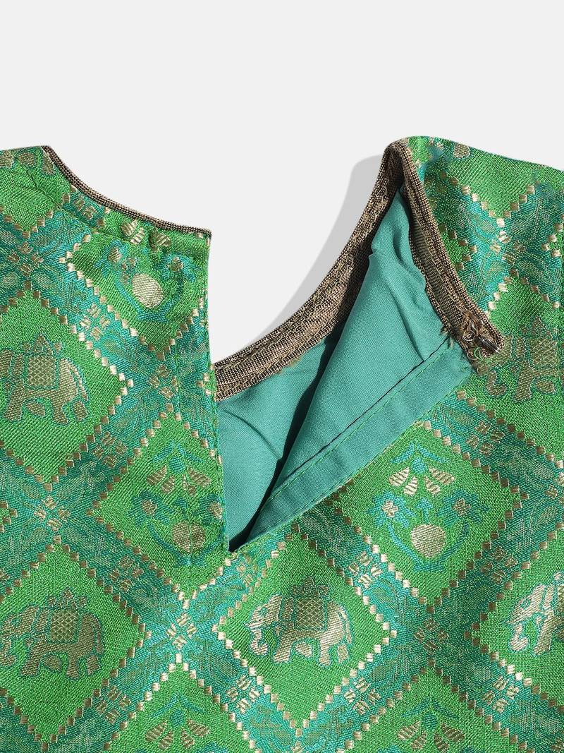 Self Design Peplum Top With Printed Dhoti Pants- Green & Pink