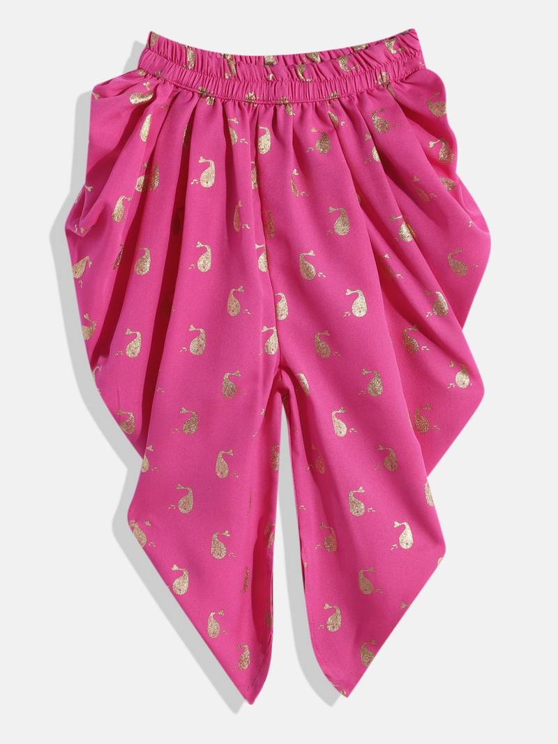 Self Design Peplum Top With Printed Dhoti Pants- Green & Pink