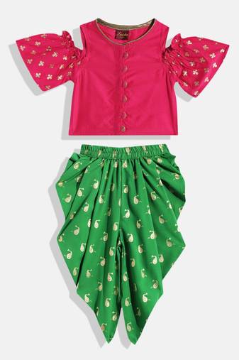Cold Shoulder Printed Top With Printed Dhoti Pants- Pink & Green