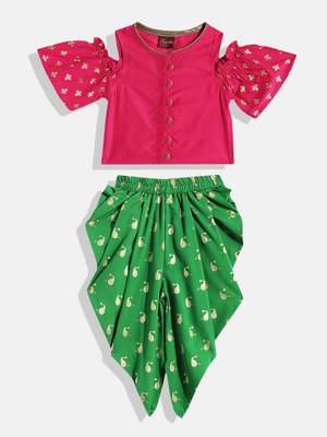 Cold Shoulder Printed Top With Printed Dhoti Pants- Pink & Green 1