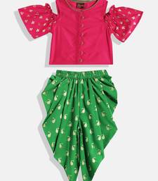 Cold Shoulder Printed Top With Printed Dhoti Pants- Pink & Green