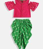 Cold Shoulder Printed Top With Printed Dhoti Pants- Pink & Green