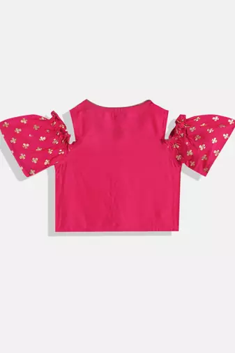 Cold Shoulder Printed Top With Printed Dhoti Pants- Pink & Green