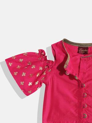 Cold Shoulder Printed Top With Printed Dhoti Pants- Pink & Green 3