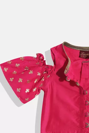 Cold Shoulder Printed Top With Printed Dhoti Pants- Pink & Green