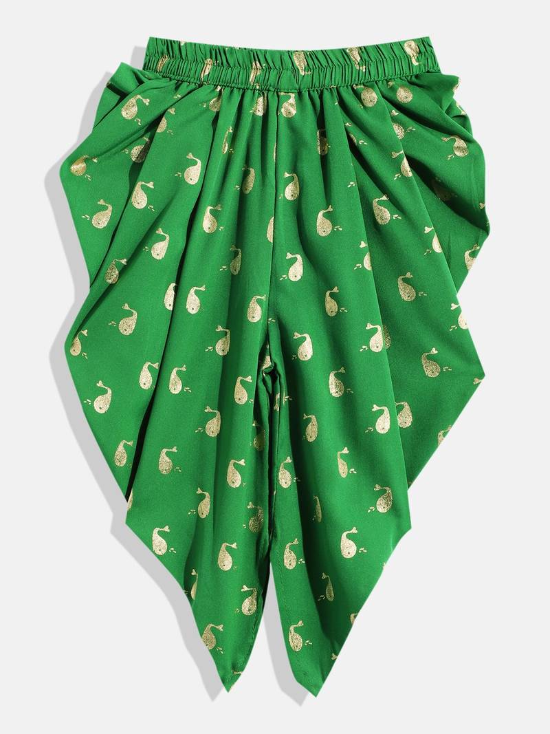 Cold Shoulder Printed Top With Printed Dhoti Pants- Pink & Green