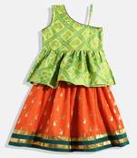 One Shoulder Choli With Printed Ghagra- Green & Orange