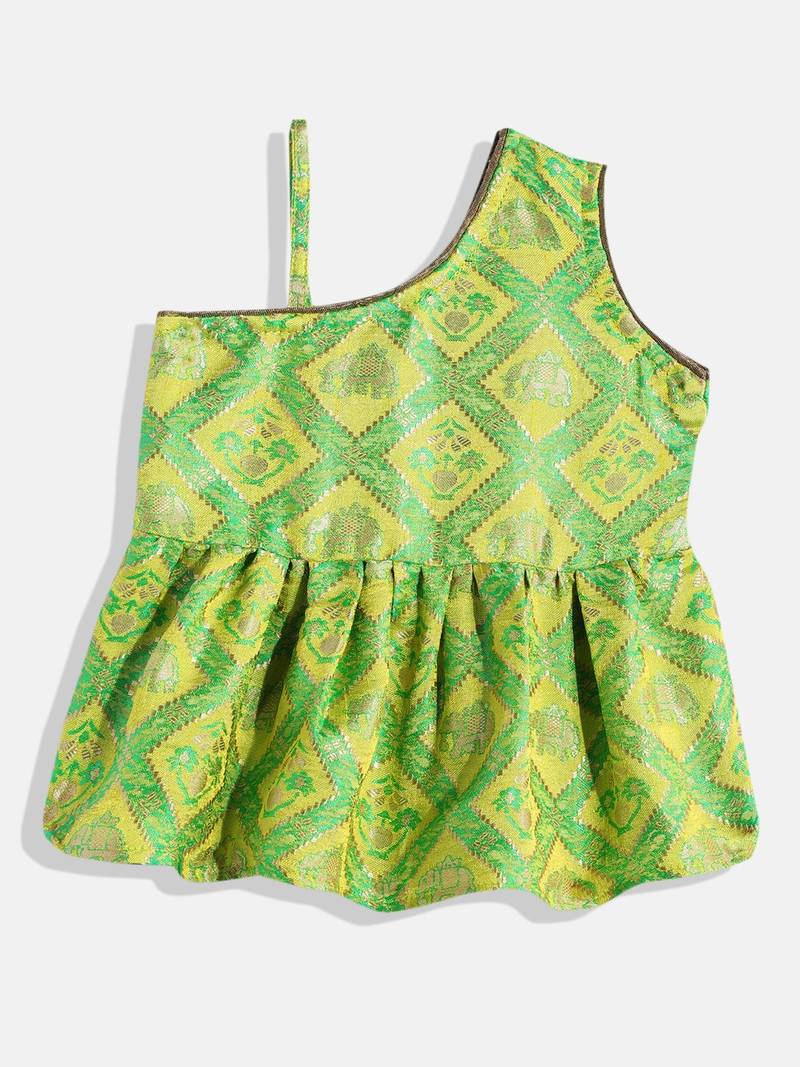 One Shoulder Choli With Printed Ghagra- Green & Orange