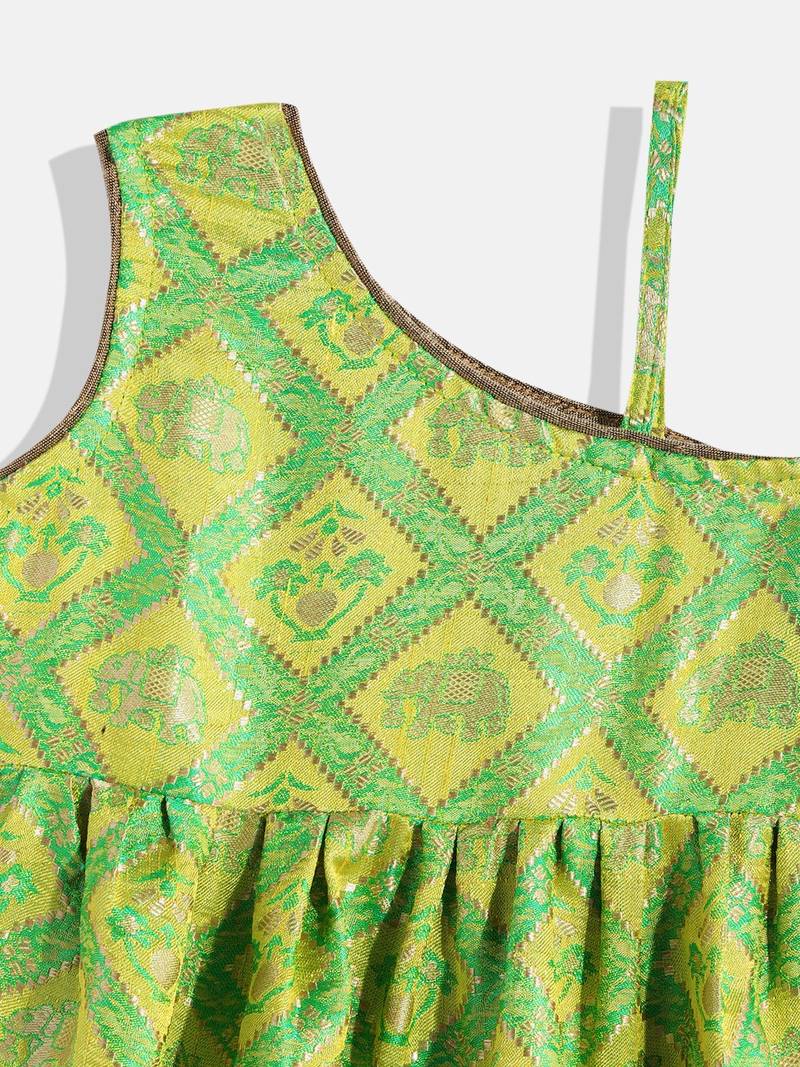 One Shoulder Choli With Printed Ghagra- Green & Orange