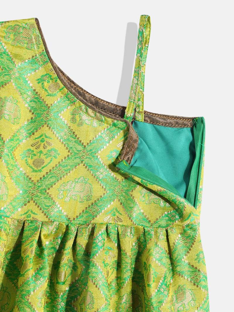 One Shoulder Choli With Printed Ghagra- Green & Orange