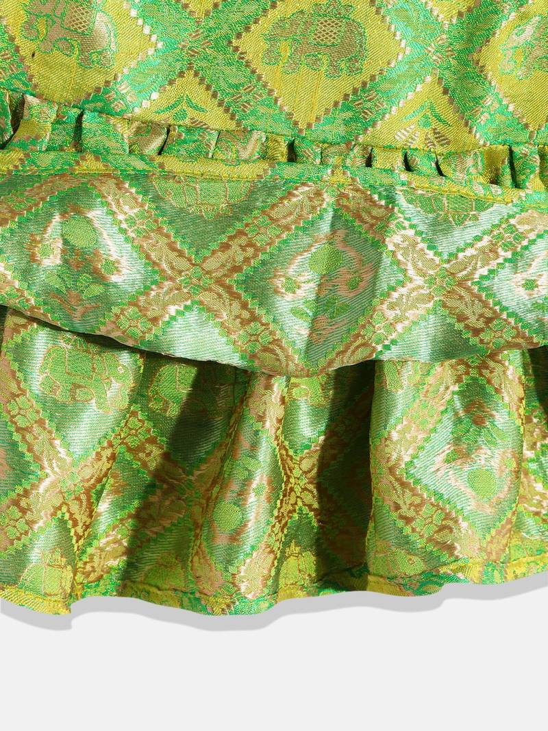One Shoulder Choli With Printed Ghagra- Green & Orange