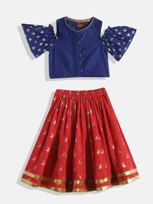 Cold Shoulder Printed Choli With Printed Ghagra- Blue & Red 1