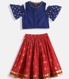 Cold Shoulder Printed Choli With Printed Ghagra- Blue & Red