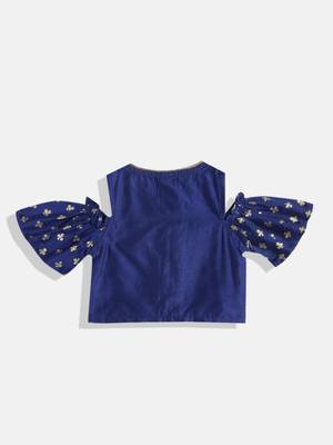 Cold Shoulder Printed Choli With Printed Ghagra- Blue & Red 2