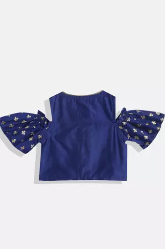 Cold Shoulder Printed Choli With Printed Ghagra- Blue & Red