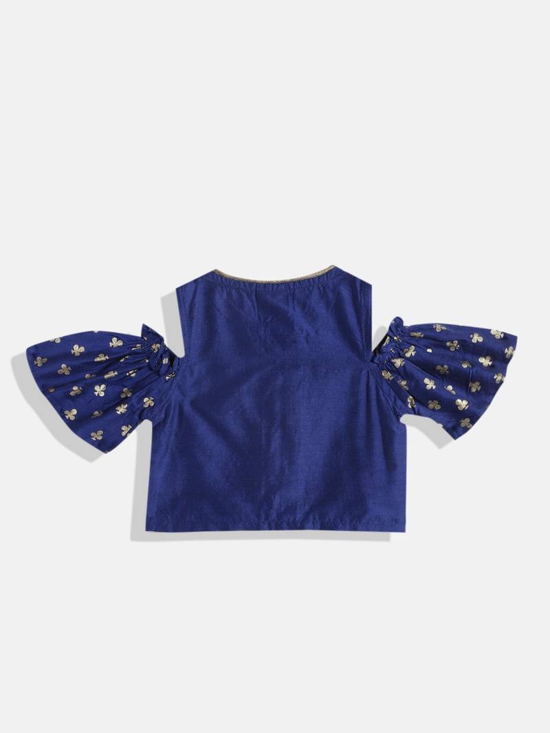 Cold Shoulder Printed Choli With Printed Ghagra- Blue & Red