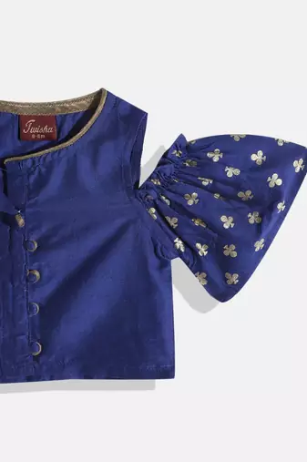 Cold Shoulder Printed Choli With Printed Ghagra- Blue & Red