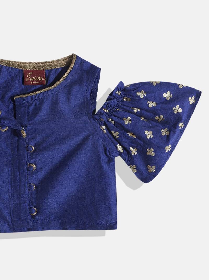 Cold Shoulder Printed Choli With Printed Ghagra- Blue & Red