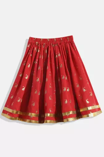 Cold Shoulder Printed Choli With Printed Ghagra- Blue & Red