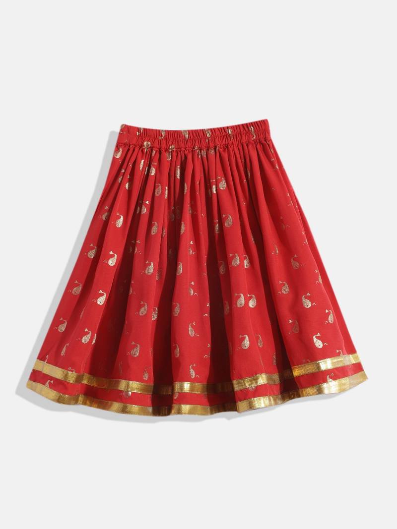 Cold Shoulder Printed Choli With Printed Ghagra- Blue & Red