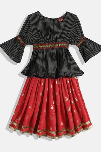 Striped Top With Printed Ghagra- Black & Red
