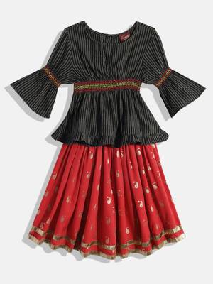 Striped Top With Printed Ghagra- Black & Red 1