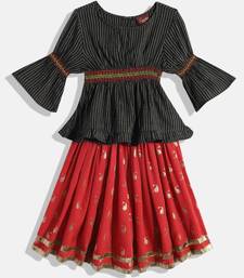 Striped Top With Printed Ghagra- Black & Red