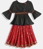 Striped Top With Printed Ghagra- Black & Red
