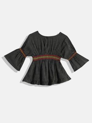 Striped Top With Printed Ghagra- Black & Red 2