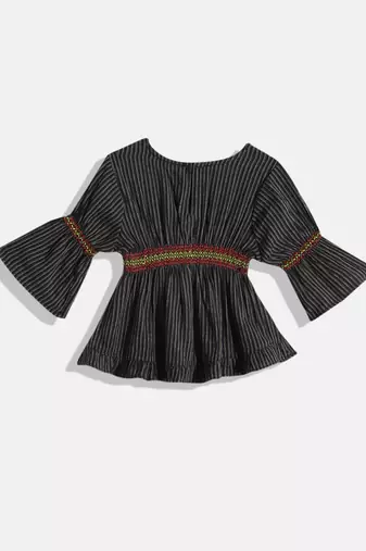 Striped Top With Printed Ghagra- Black & Red