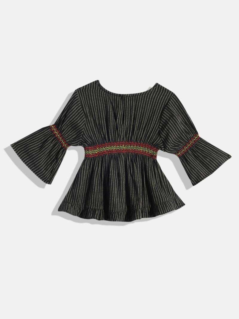 Striped Top With Printed Ghagra- Black & Red