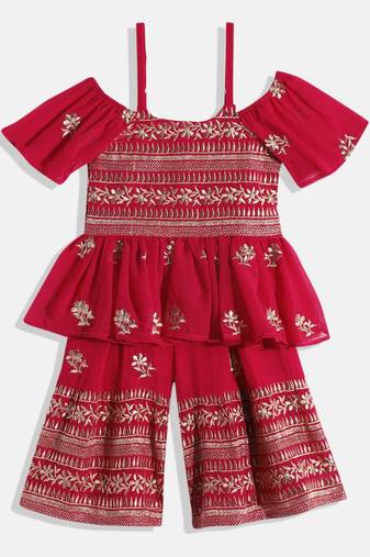 Floral Embroidered Top With  Coordinating Sharara-  Red