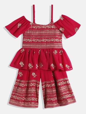Floral Embroidered Top With  Coordinating Sharara-  Red 1
