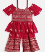 Floral Embroidered Top With  Coordinating Sharara-  Red