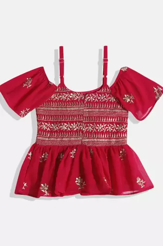 Floral Embroidered Top With  Coordinating Sharara-  Red