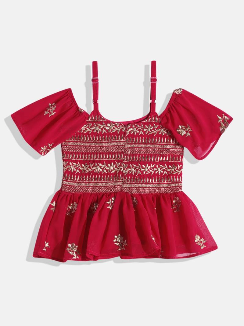 Floral Embroidered Top With  Coordinating Sharara-  Red