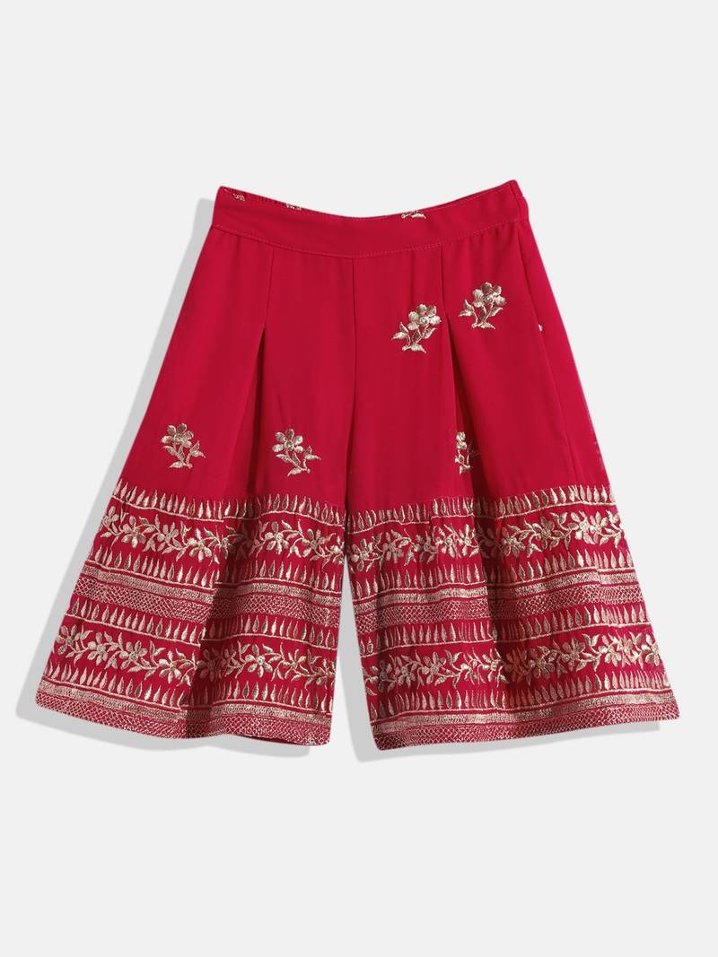 Floral Embroidered Top With  Coordinating Sharara-  Red