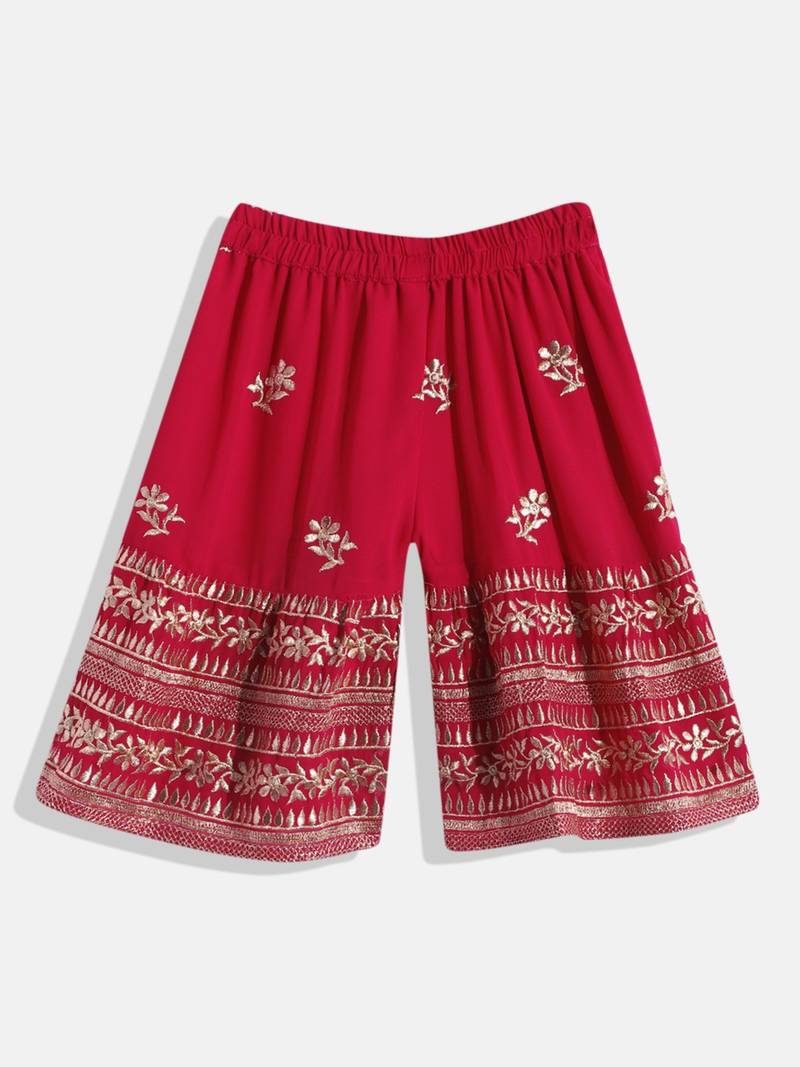 Floral Embroidered Top With  Coordinating Sharara-  Red