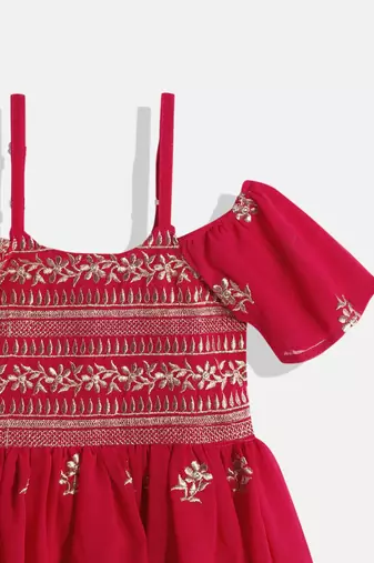 Floral Embroidered Top With  Coordinating Sharara-  Red