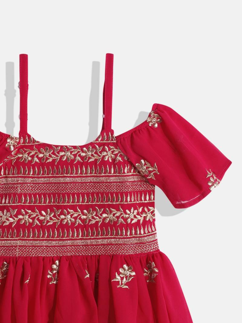 Floral Embroidered Top With  Coordinating Sharara-  Red