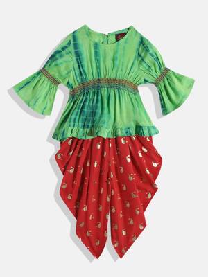 Printed Top With Printed Dhoti Pants- Green & Red 1