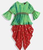 Printed Top With Printed Dhoti Pants- Green & Red