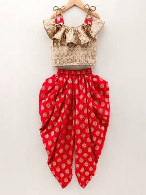 Self Design Top With Printed Dhoti Pants- Beige & Red 1