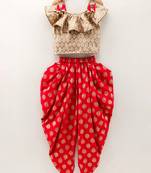 Self Design Top With Printed Dhoti Pants- Beige & Red