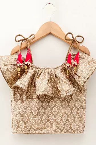 Self Design Top With Printed Dhoti Pants- Beige & Red