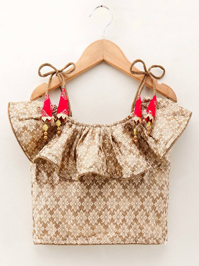 Self Design Top With Printed Dhoti Pants- Beige & Red