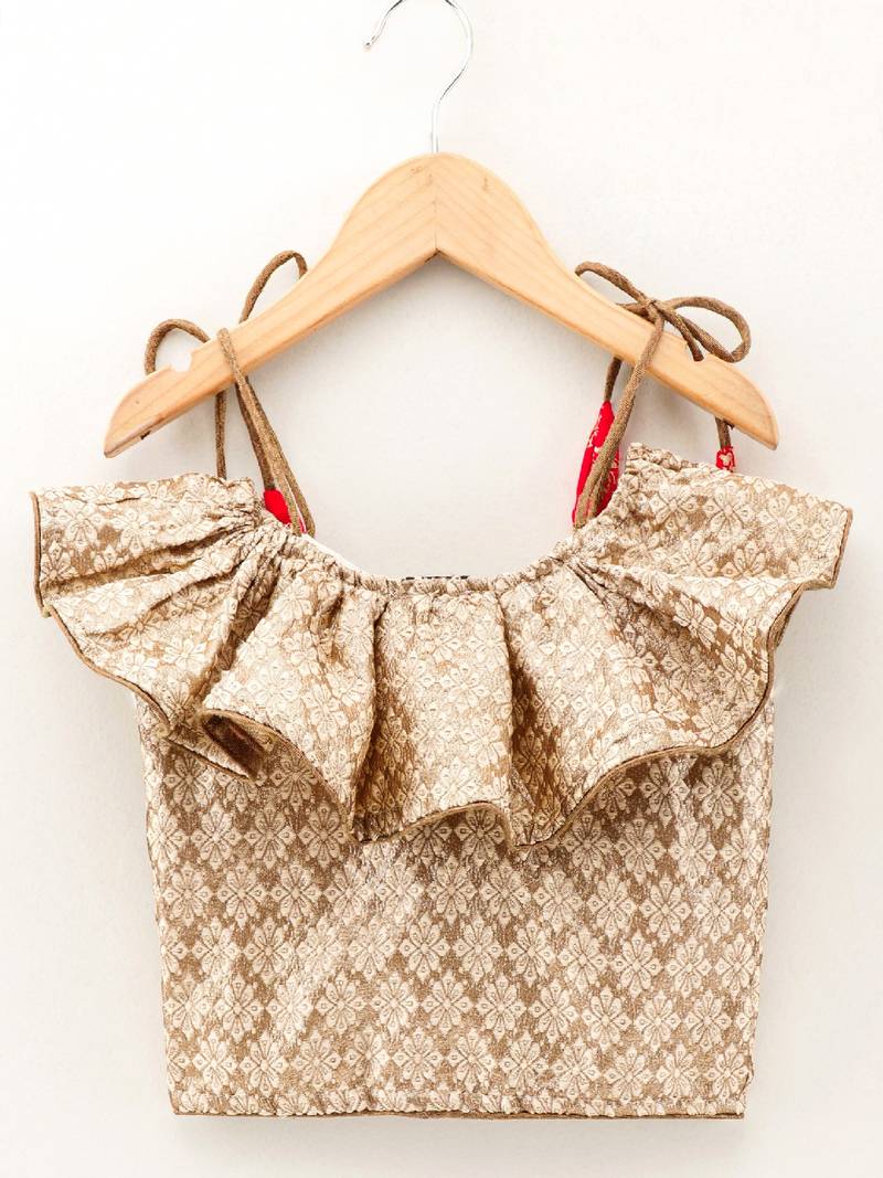 Self Design Top With Printed Dhoti Pants- Beige & Red